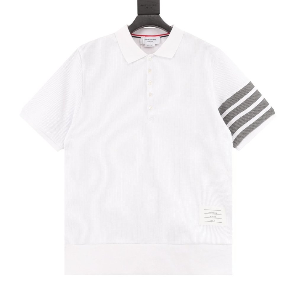 Thom Browne Waffle Four Stripes Short Sleeve Polo Shirt